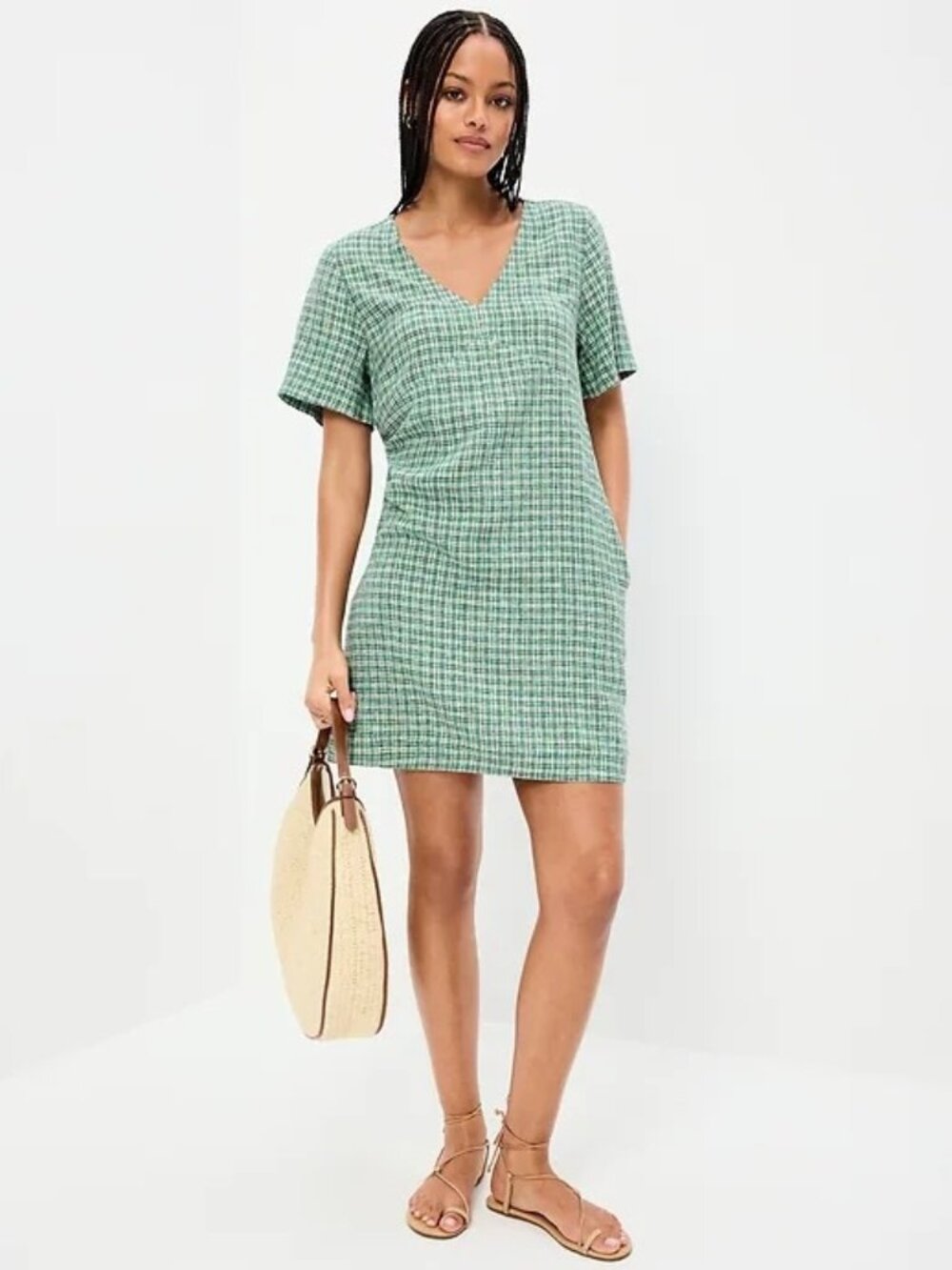 Old Navy Short-Sleeve Linen-Blend Mini Shift Dress Green Plaid Size M Preppy
